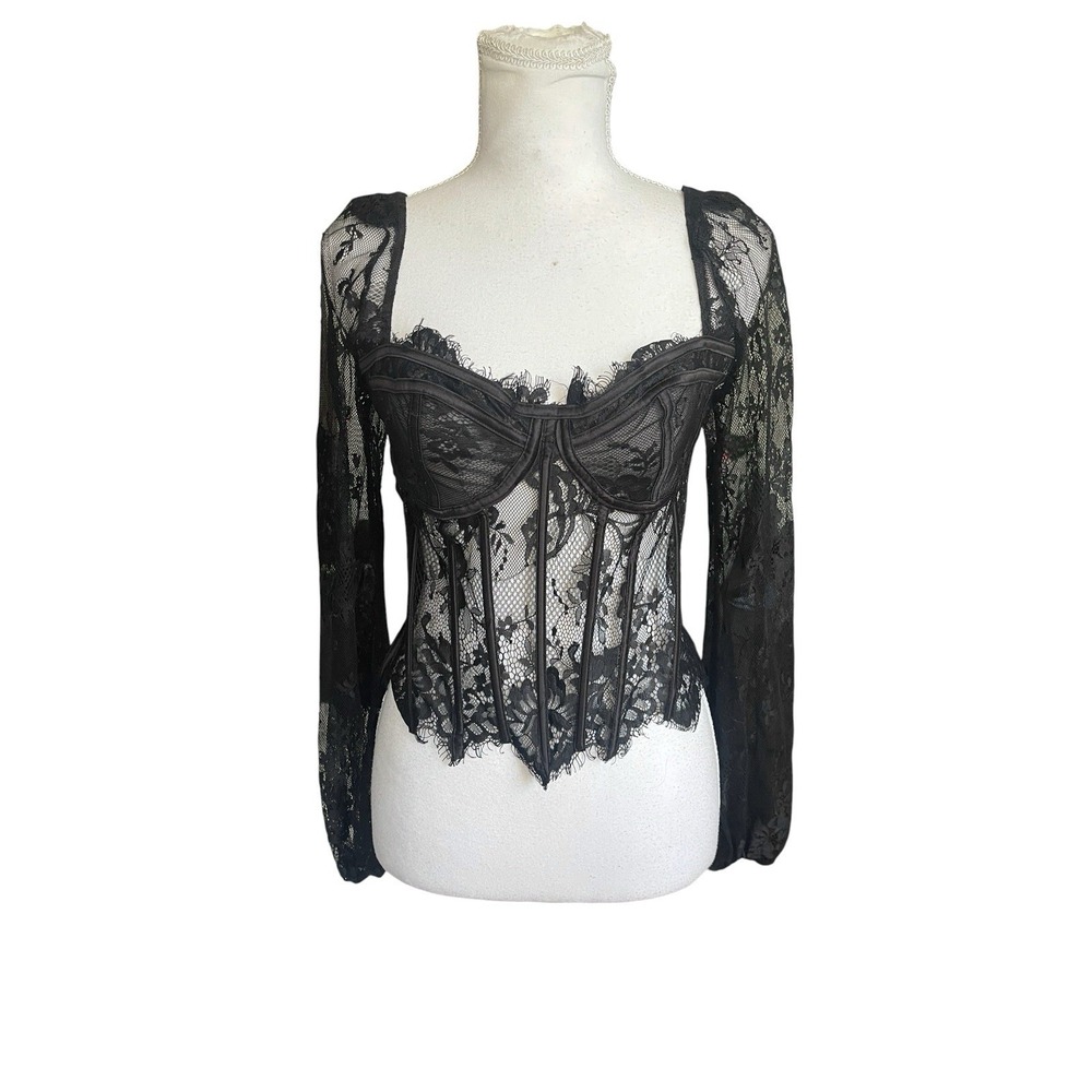 Black Sheer Lace Corset Top Boned Bustier Gothic Coquette Witchy Fairy Grunge M - Picture 2 of 13